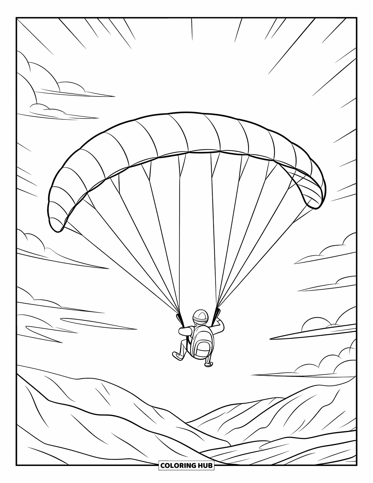 Sky Coloring Page for Kids: A paraglider soars under a bright sky with clouds and mountain peaks below