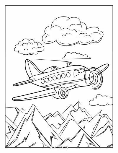 Desenho de céu para colorir para crianças: Um avião voa alto sobre montanhas cercadas por nuvens à deriva