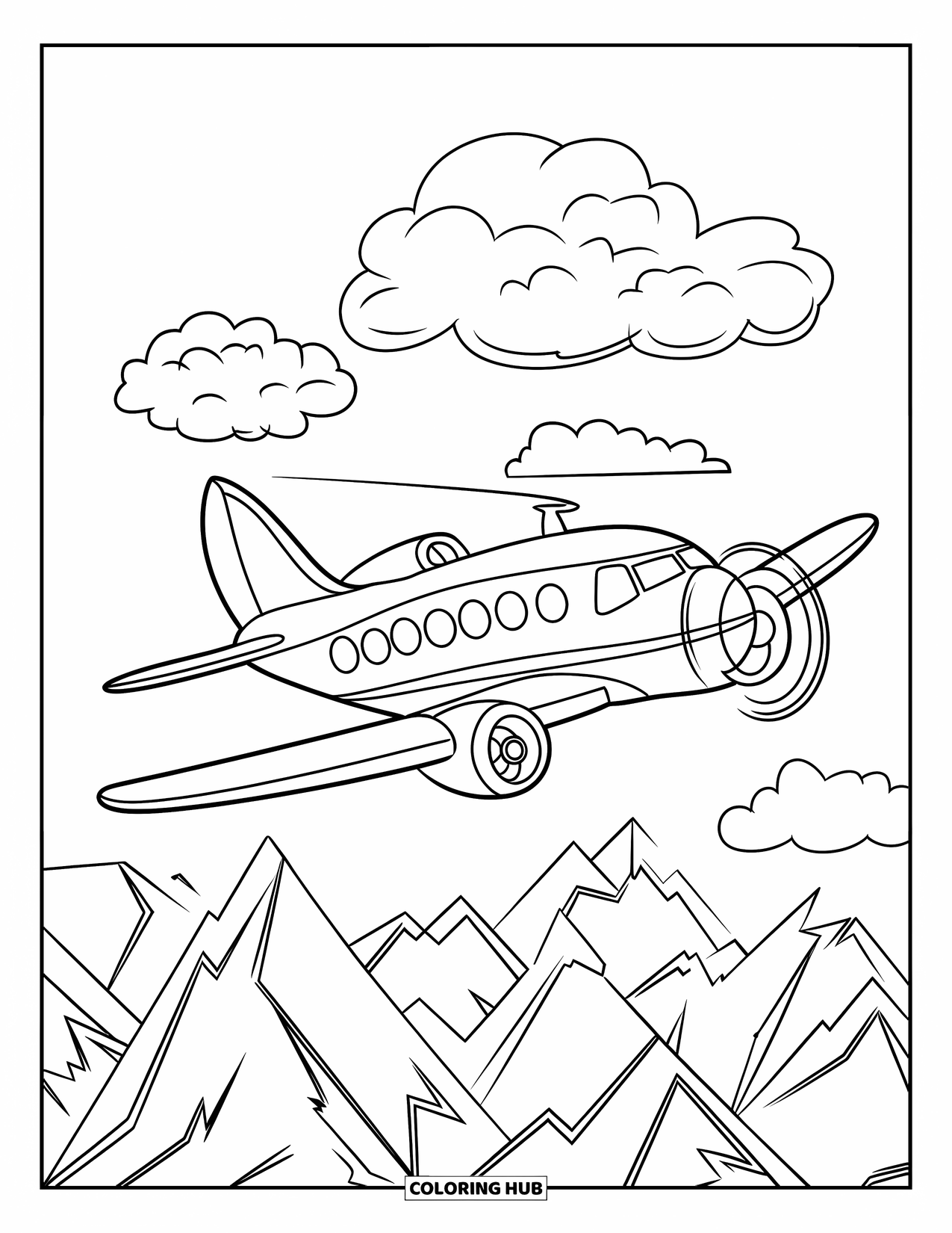 Sky Coloring Page for Kids: A plane flies high over mountains surrounded by drifting clouds