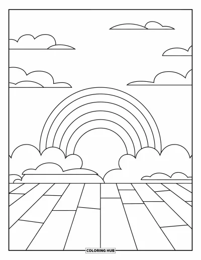 Desenho de céu para colorir para crianças: Um arco-íris se forma sobre um campo tranquilo e nuvens suaves