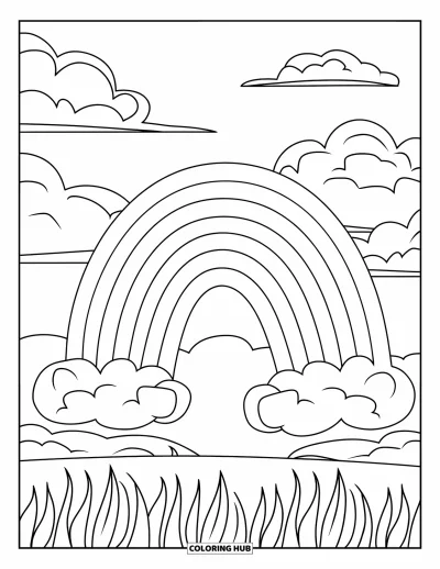 Desenho de céu para colorir para crianças: Um arco-íris se estende pelo céu acima da grama e das nuvens