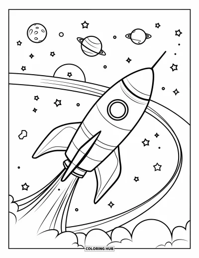 Desenho de céu para colorir para crianças: Um foguete é lançado de uma plataforma, deixando fumaça sob um céu estrelado