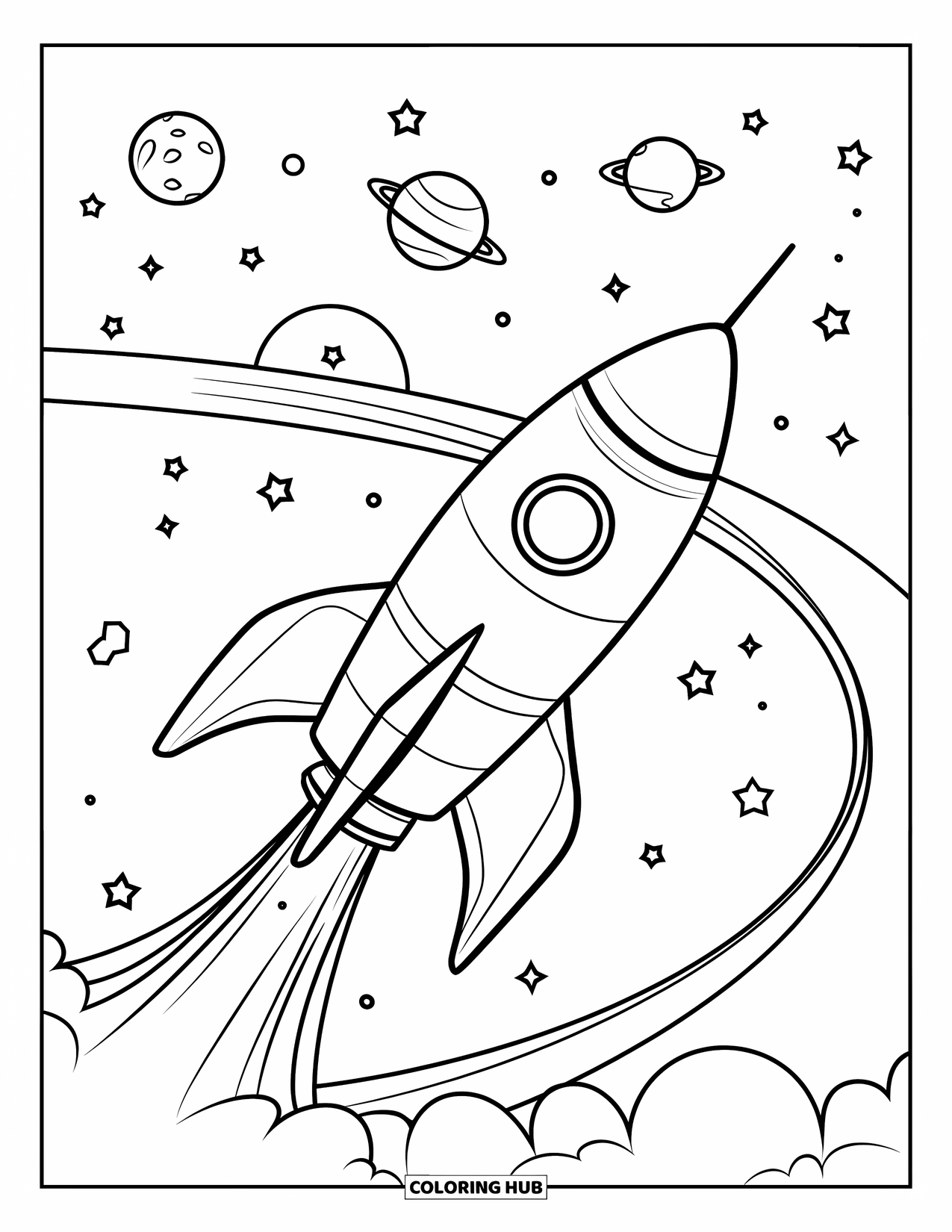 Sky Coloring Page for Kids: A rocket launches from a pad, leaving smoke beneath a starry night sky