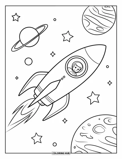 Desenho de céu para colorir para crianças: Um foguete com astronauta viaja entre planetas, luas e estrelas