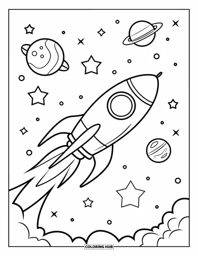 Desenho de céu para colorir para crianças: Um foguete com aletas curvas desliza por um céu repleto de estrelas e planetas