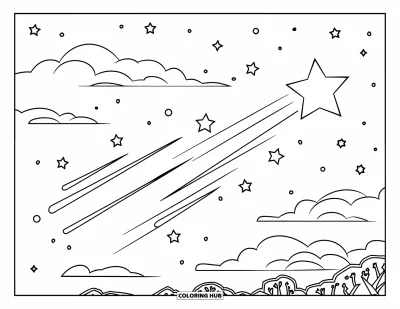 Desenho de céu para colorir para crianças: Uma estrela cadente cruza o céu acima de árvores e estrelas espalhadas