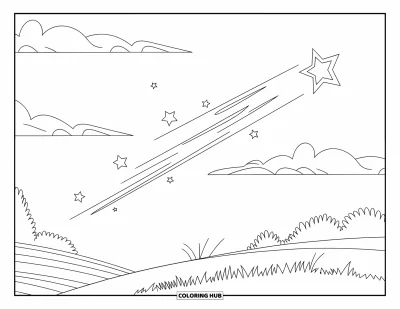 Desenho de céu para colorir para crianças: Uma estrela cadente risca um céu repleto de nuvens e árvores