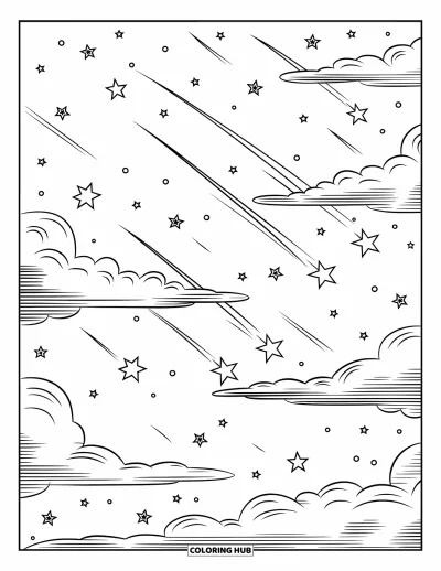 Desenho de céu para colorir para crianças: Um céu cheio de estrelas e nuvens brilha com meteoros riscando o céu