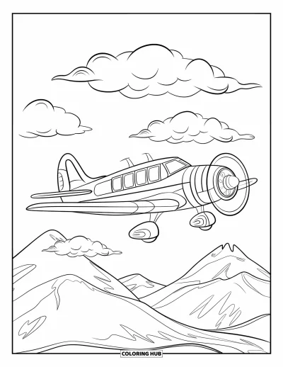 Desenho de céu para colorir para crianças: Um avião elegante voa sobre montanhas verdes e nuvens arredondadas