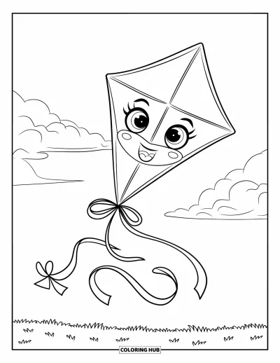 Desenho de céu para colorir para crianças: Uma pipa alegre com cauda enrolada e laço desliza sobre a grama
