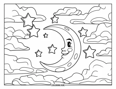 Desenho de céu para colorir para crianças: Uma lua sorridente repousa entre estrelas e nuvens fofas no céu noturno
