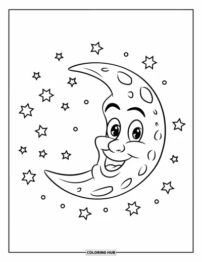 Desenho de céu para colorir para crianças: Uma lua sorridente cercada por estrelas cintilantes ilumina o céu noturno