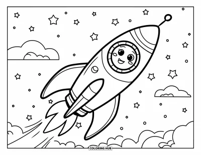 Desenho de céu para colorir para crianças: Um foguete animado dispara em direção às estrelas por um céu nublado