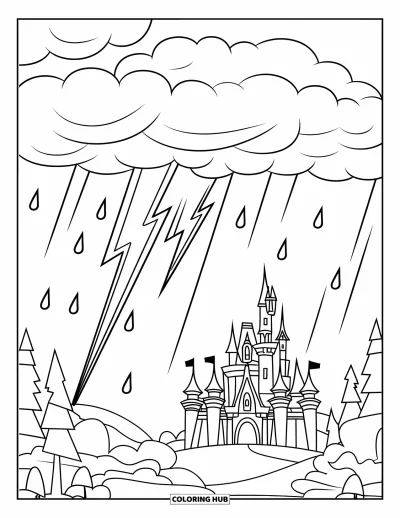 Desenho de céu para colorir para crianças: Um castelo em dia de tempestade com árvores, rochas e chuva caindo das nuvens