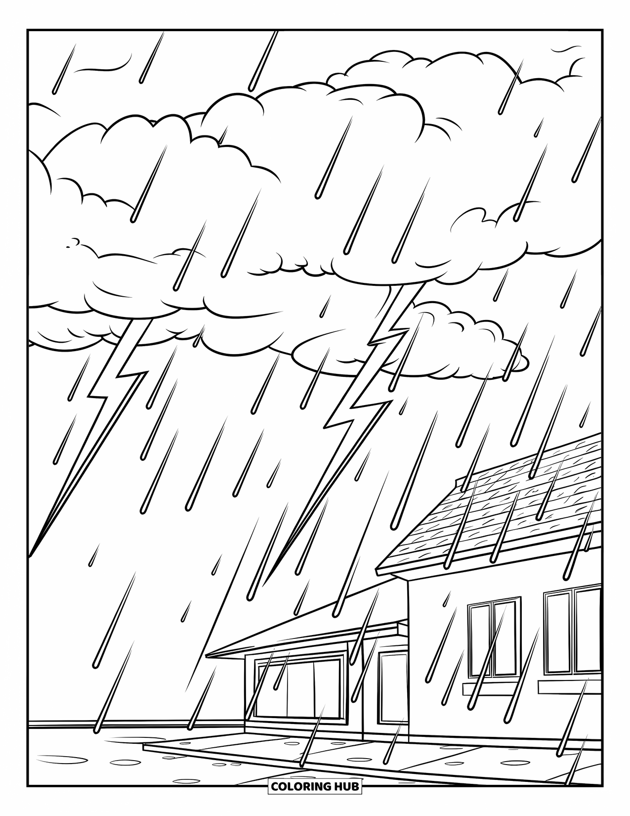 Sky Coloring Page for Kids: A stormy sky with clouds, lightning, and a rain-soaked building below