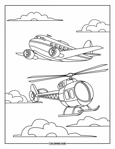 Desenho de céu para colorir para crianças: Um avião antigo e um helicóptero bolha voam juntos sob um céu tranquilo