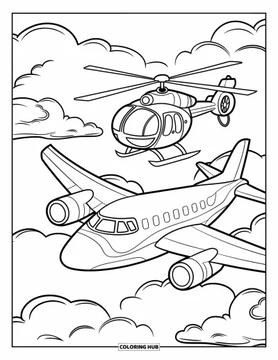 Desenho de céu para colorir para crianças: Um avião e um helicóptero deslizam lado a lado entre nuvens suaves