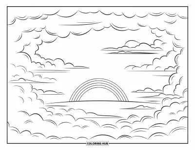 Desenho de céu para colorir para crianças: Nuvens fofas passeiam pelo céu com um arco-íris ao horizonte
