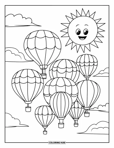 Desenho de céu para colorir para crianças: Balões de ar quente flutuam juntos sob um sol sorridente