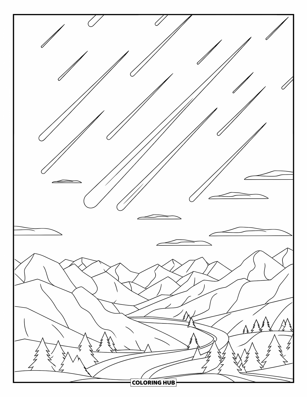 Sky Coloring Page for Kids: Meteors streak across the sky above peaceful mountain peaks and trees