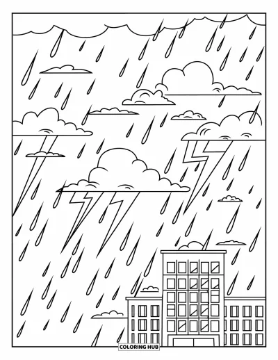 Desenho de céu para colorir para crianças: Gotas de chuva caem sob nuvens de tempestade iluminadas por raios