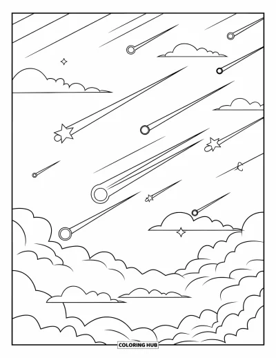 Desenho de céu para colorir para crianças: Estrelas cadentes atravessam nuvens fofas em um céu noturno encantador