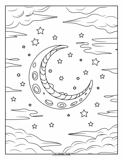 Desenho de céu para colorir para crianças: A lua brilha entre nuvens delicadas cercadas por estrelas cintilantes
