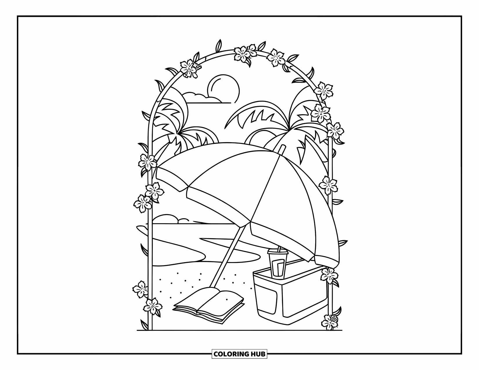 Spring Break Coloring Page for Adults: A beach umbrella, drink, and book resting beneath blooming vines