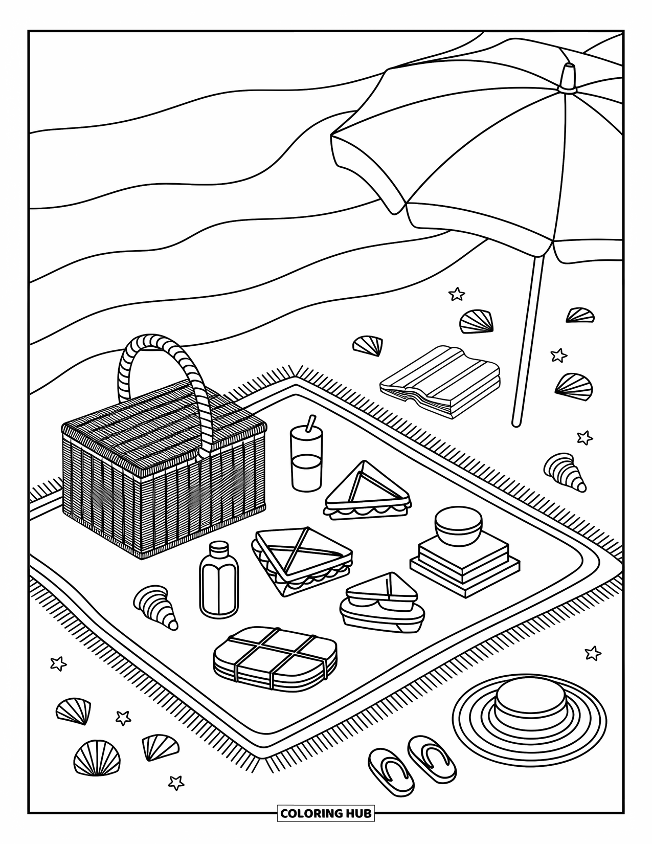 Spring Break Coloring Page for Adults: A beachside picnic with snacks, a sunhat, and an open umbrella