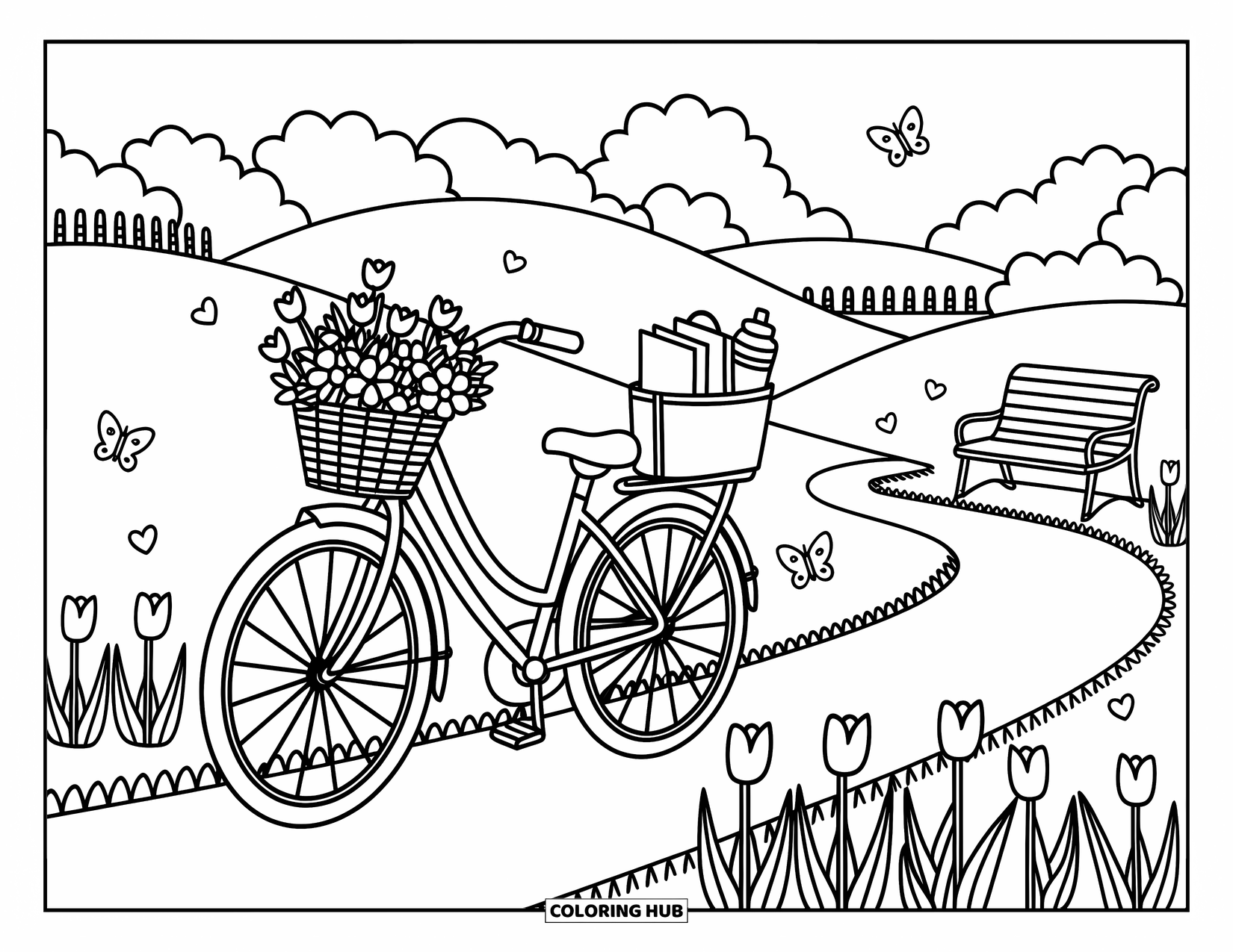 Spring Break Coloring Page for Adults: A bike with flowers and a tote sits by a spring park trail