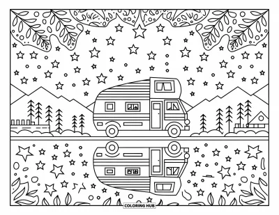 Spring Break Coloring Page for Adults: A camper van by calm waters surrounded by stars and patterns