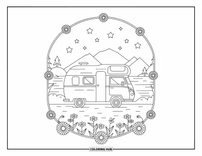 Spring Break Coloring Page for Adults: A camper van parked by the beach beneath a starry sky