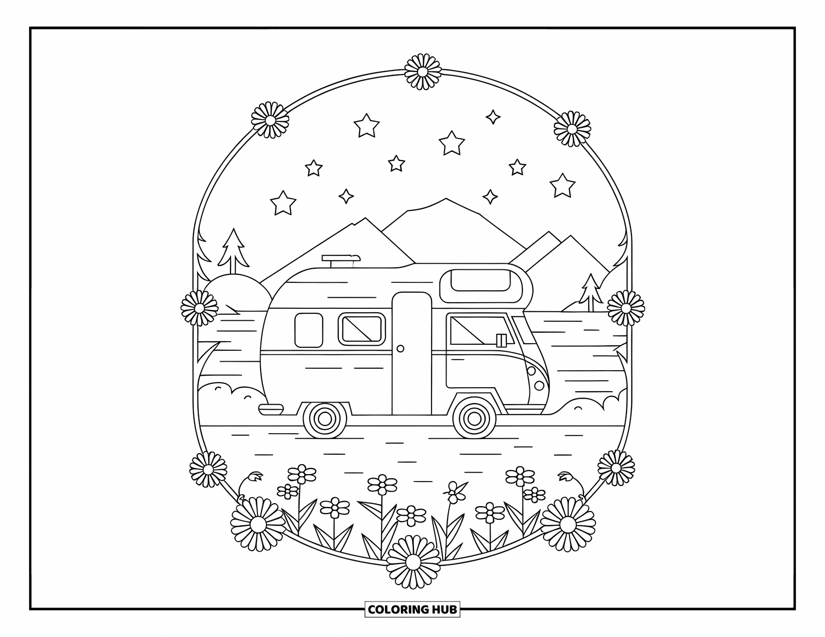 Spring Break Coloring Page for Adults: A camper van parked by the beach beneath a starry sky
