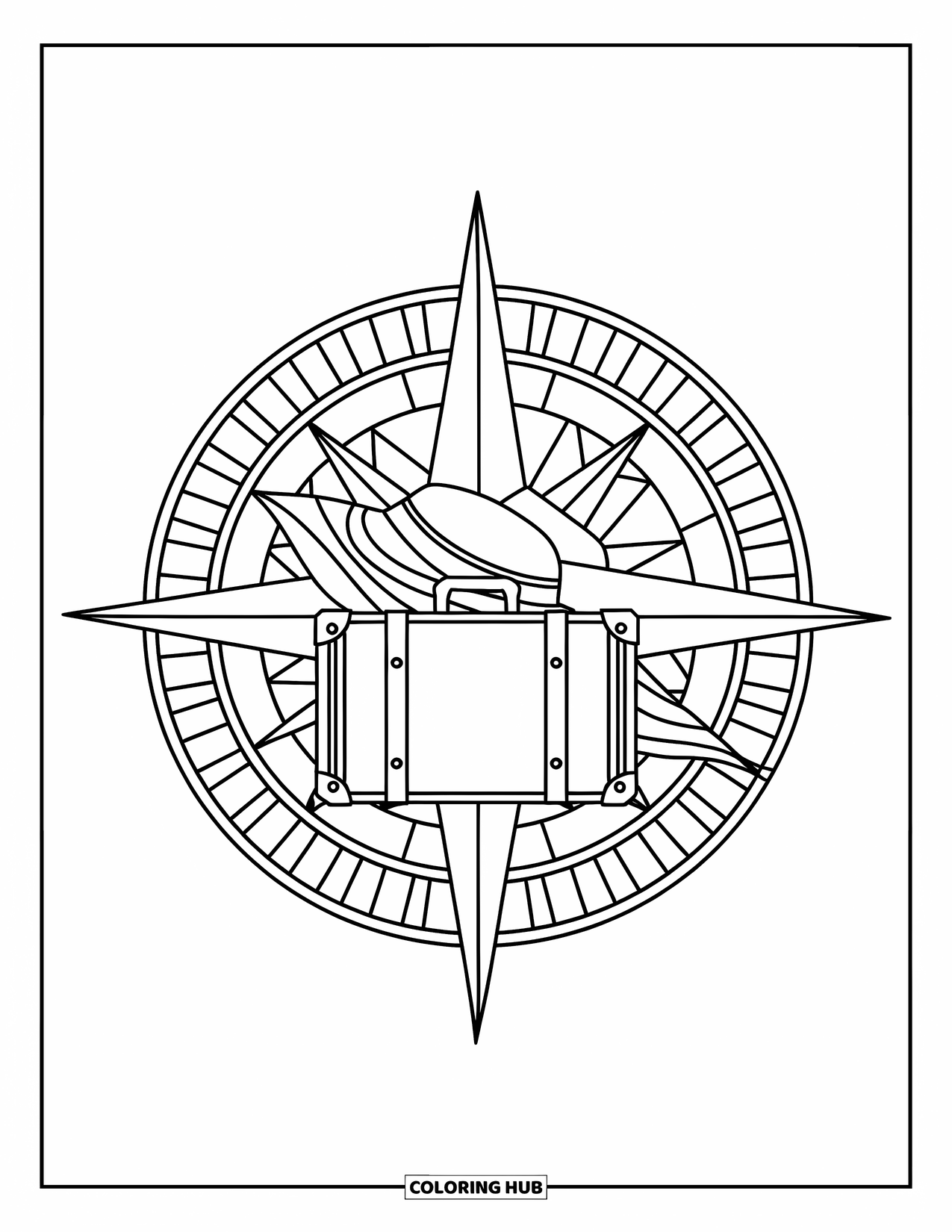 Spring Break Coloring Page for Adults: A compass rose with a suitcase and sun hat in its center