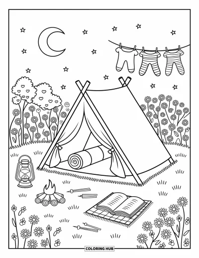Spring Break Coloring Page for Adults: A cozy backyard tent with a lantern, blanket, and twinkling stars