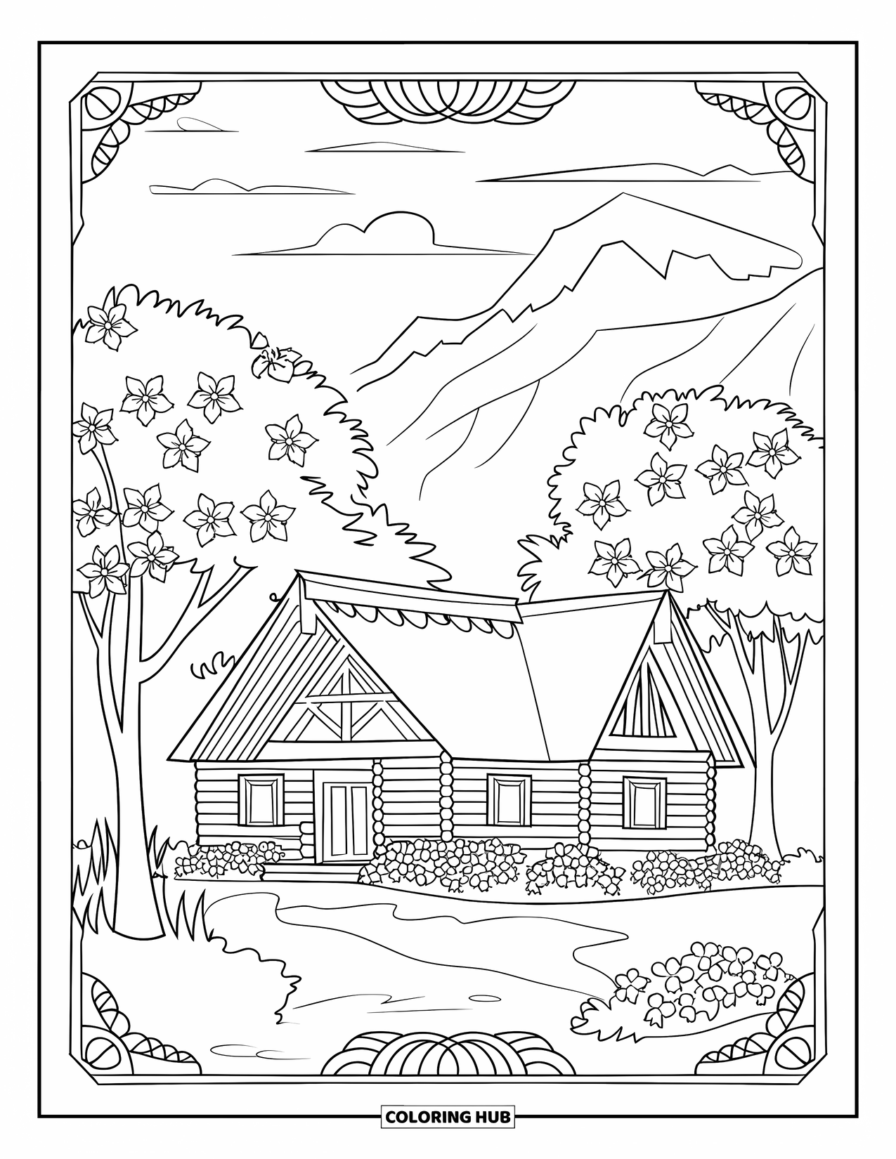 Spring Break Coloring Page for Adults: A cozy cabin nestled among blooming spring trees