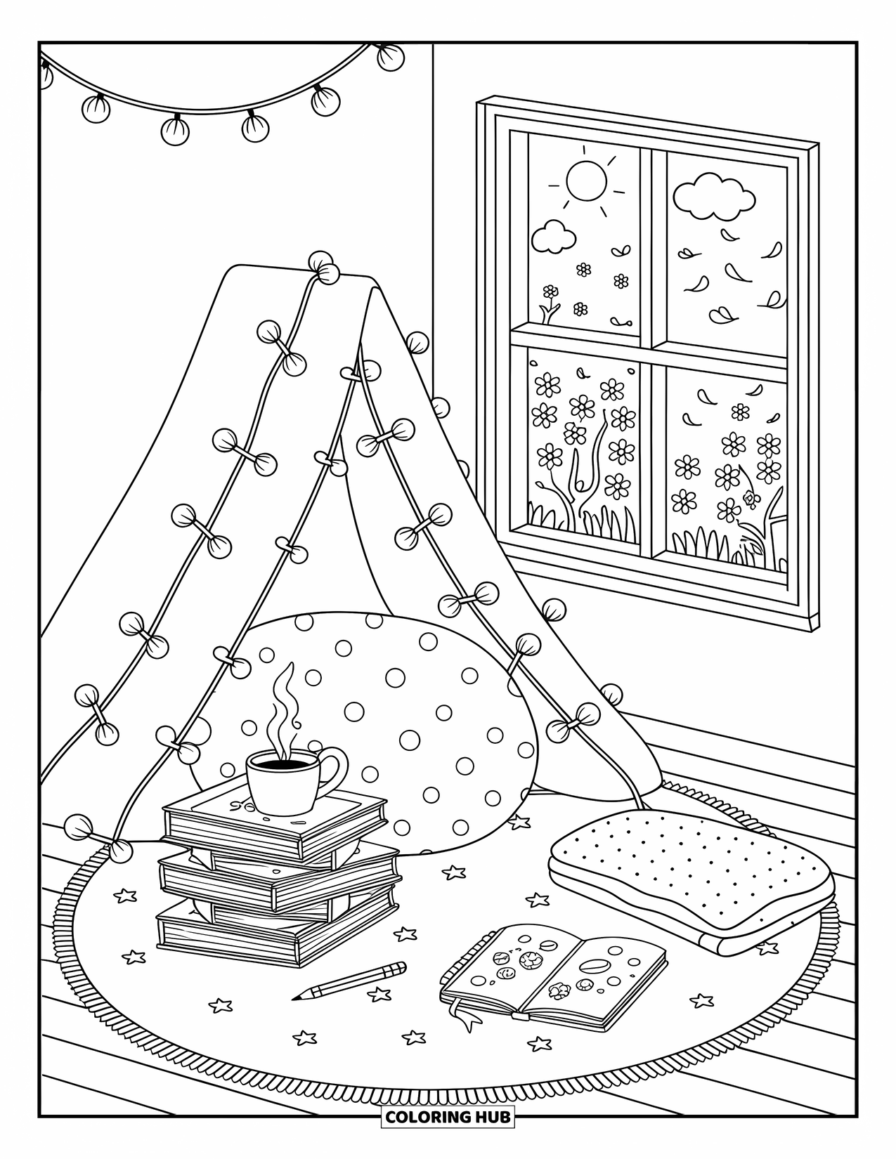 Spring Break Coloring Page for Adults: A cozy reading nook under string lights beside a window of blossoms
