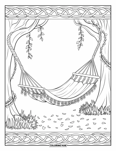 Spring Break Coloring Page for Adults: A hammock framed by vines and falling petals in spring