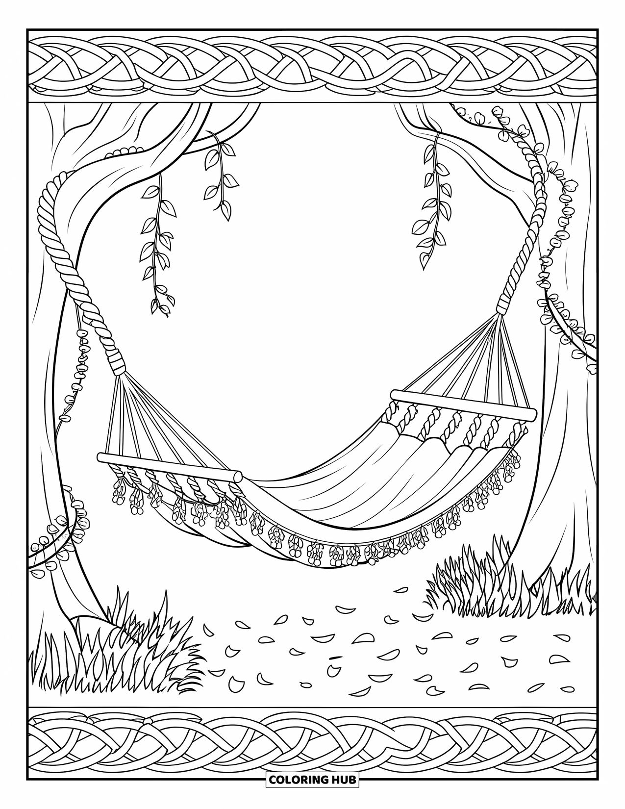 Spring Break Coloring Page for Adults: A hammock framed by vines and falling petals in spring