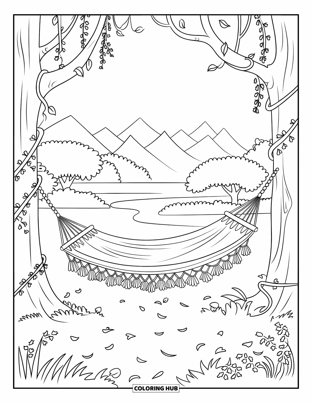 Spring Break Coloring Page for Adults: A hammock sways gently between blossom-covered trees