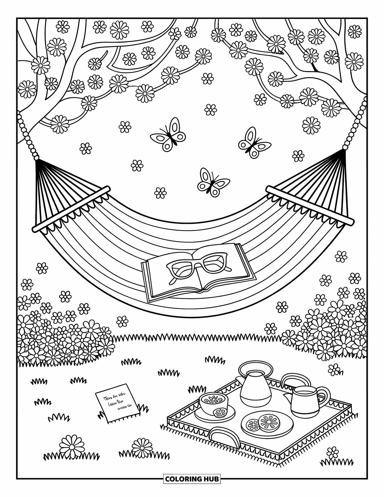 Spring Break Coloring Page for Adults: A hammock swings under blossom trees with books and tea nearby