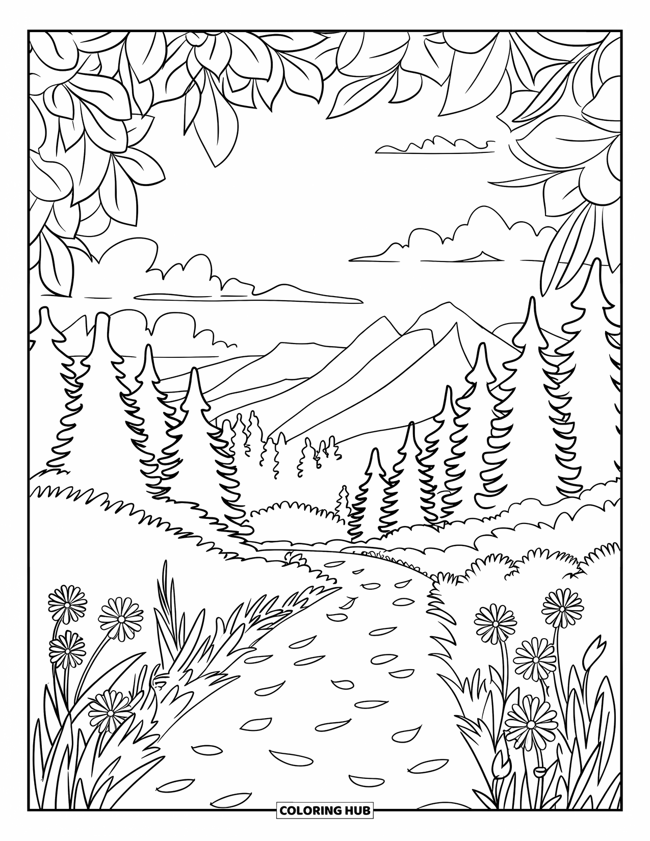 Spring Break Coloring Page for Adults: A nature trail winding through pine trees and spring flowers