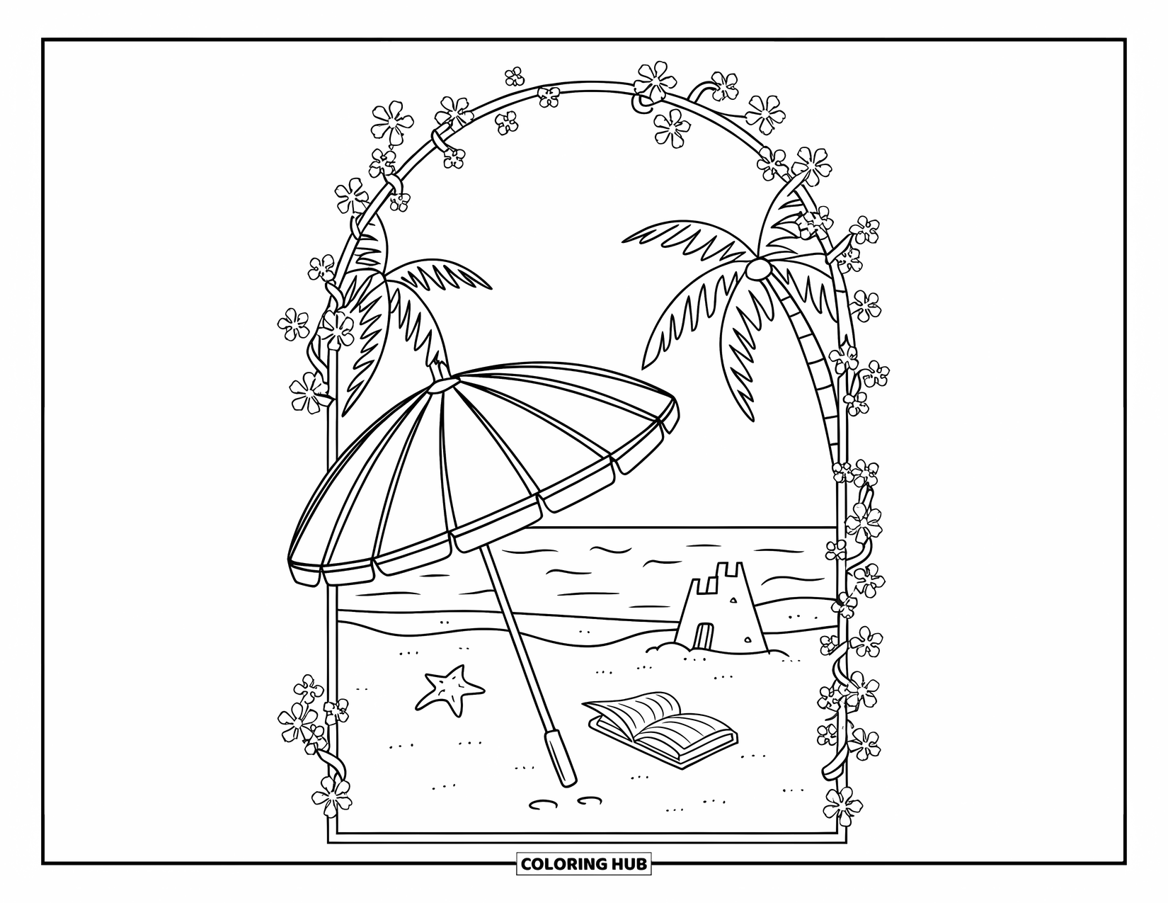 Spring Break Coloring Page for Adults: A peaceful beach scene with a parasol, book, and blooming vine arch