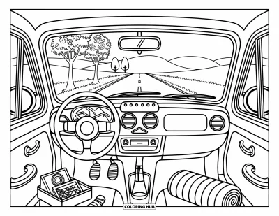 Spring Break Coloring Page for Adults: A peaceful car ride scene with maps, books, and trees in bloom