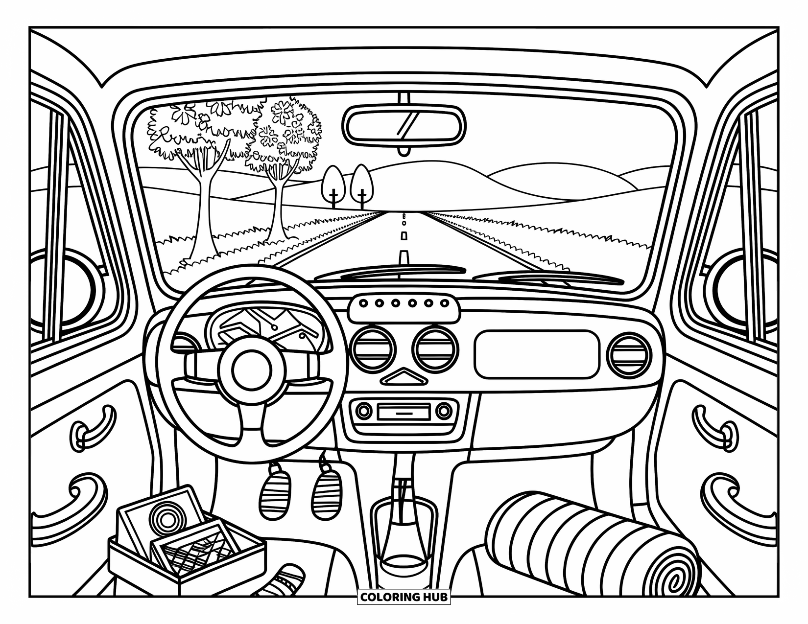 Spring Break Coloring Page for Adults: A peaceful car ride scene with maps, books, and trees in bloom