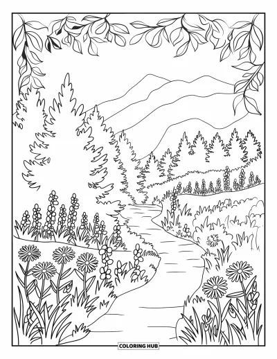 Spring Break Coloring Page for Adults: A peaceful forest trail surrounded by wildflowers and pines