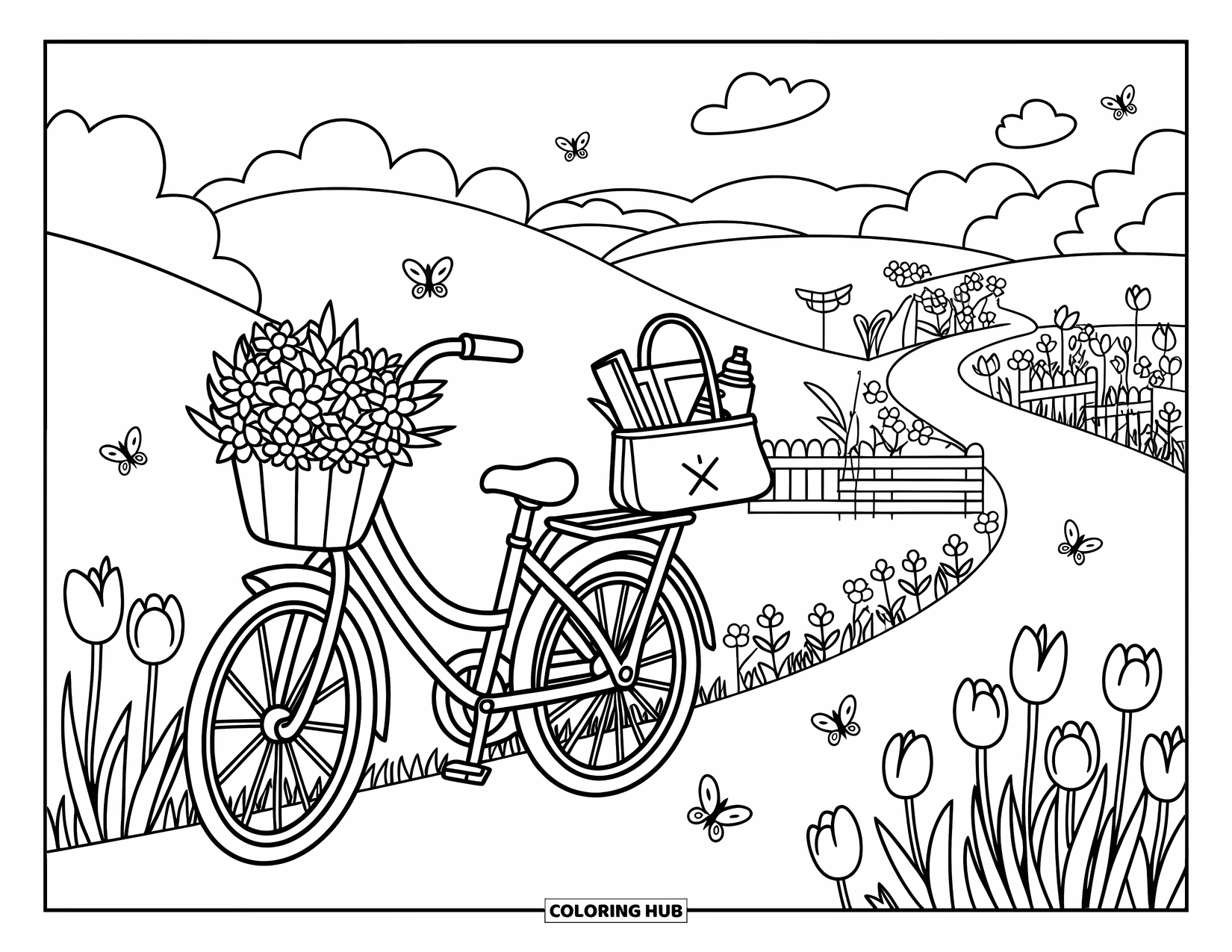 Spring Break Coloring Page for Adults: A peaceful park path with a bike, tulips, and fluttering butterflies