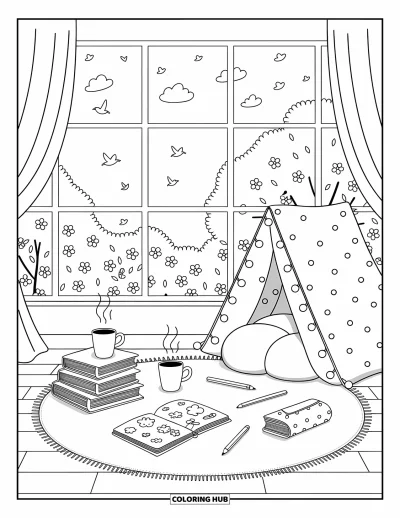 Spring Break Coloring Page for Adults: A pillow fort with tea, books, and sunshine streaming through the window