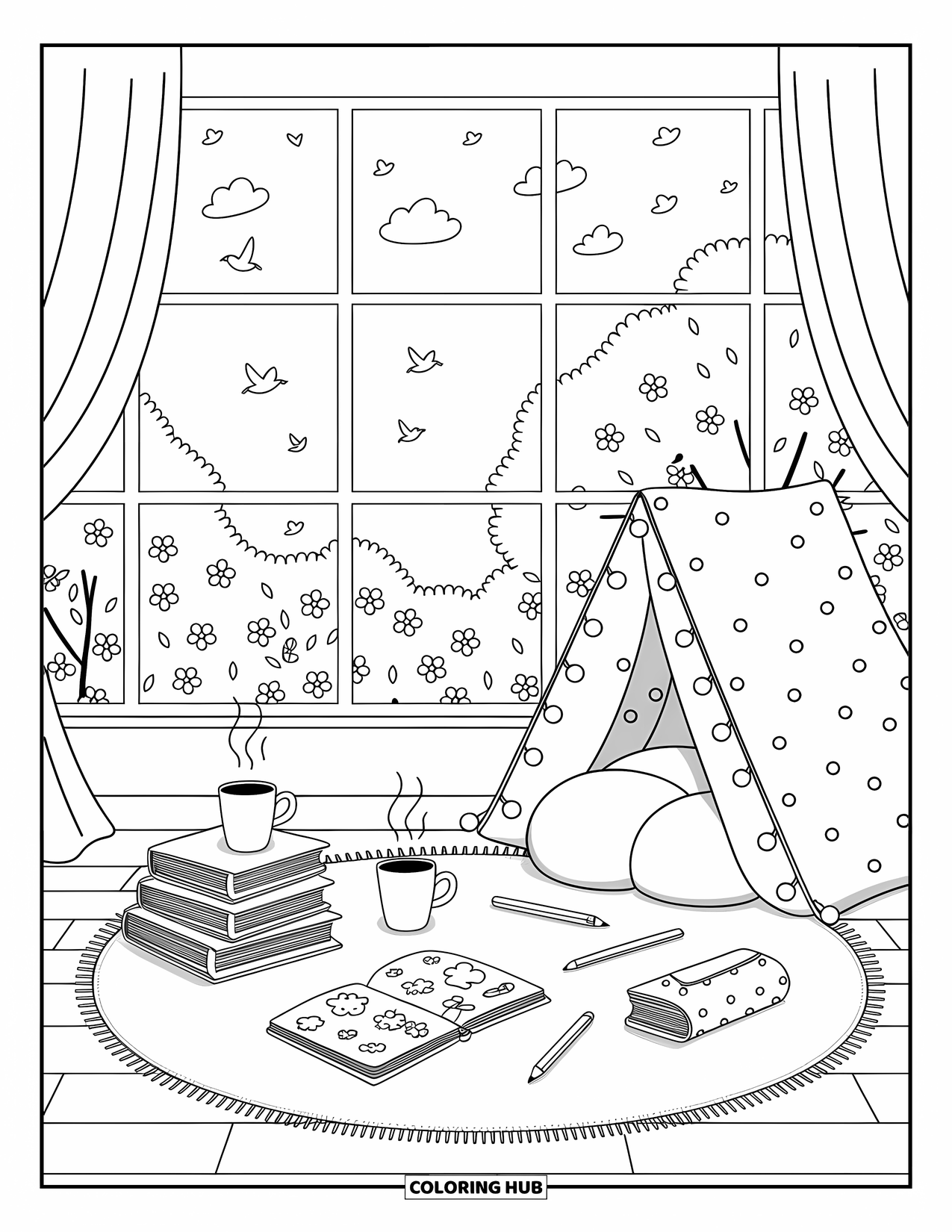 Spring Break Coloring Page for Adults: A pillow fort with tea, books, and sunshine streaming through the window