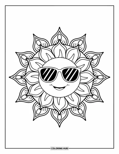 Spring Break Coloring Page for Adults: A radiant sun with sunglasses framed by floral designs